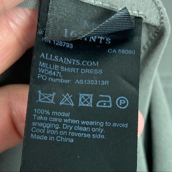 AllSaints Millie Shirt Dress Grey Modal Size Medium Military Style Long Sleeves - Picture 9 of 14